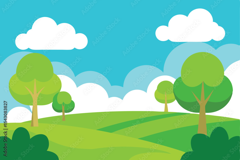 Cartoon Green Landscape Rolling Hills, Trees, White Clouds Under Blue Sky Art Cartoon Green Landscape Rolling Hills, Trees, White Clouds Under Blue Sky Art