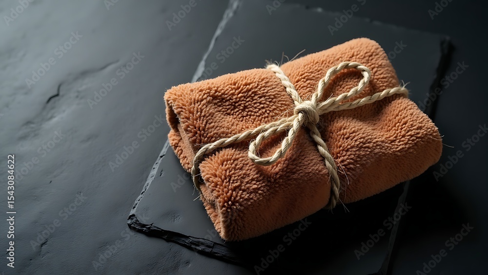 Naklejka premium A brown rolled towel is tied with a beige rope and rests on a dark stone surface