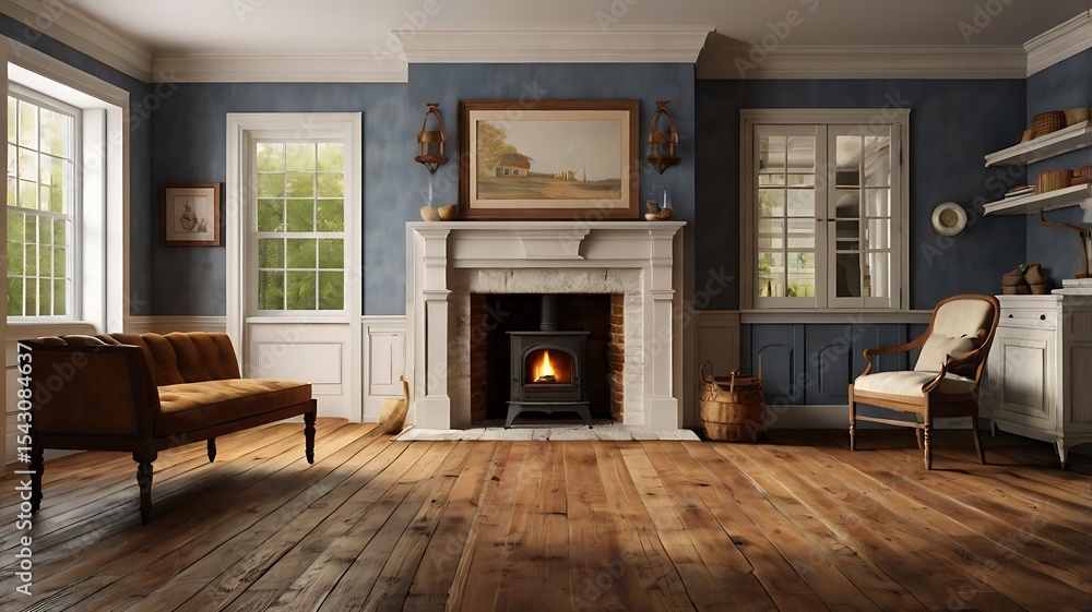 Fototapeta premium Colonial American farmhouse with wood floors, open hearth, and antique furniture, 3D render