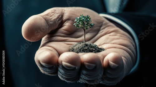 A man's hand holding a small tree.