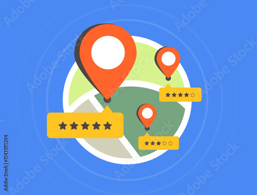 Location rating system for local business reviews, global place feedback and map-based user rankings. Location reviews improve local seo visibility and trust online business. Vector illustration