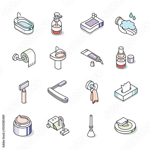 Here is a trendy collection showing hygiene supplies isometric icons