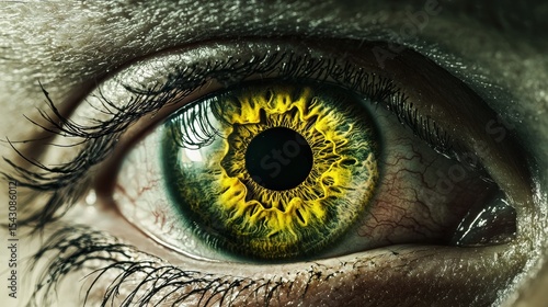 A close-up of a human eye with a striking yellow iris and black pupil.
