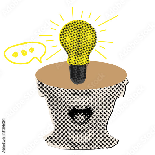 Modern halftone collage with light bulb  in the girl's head,ideas concept,smart thinking