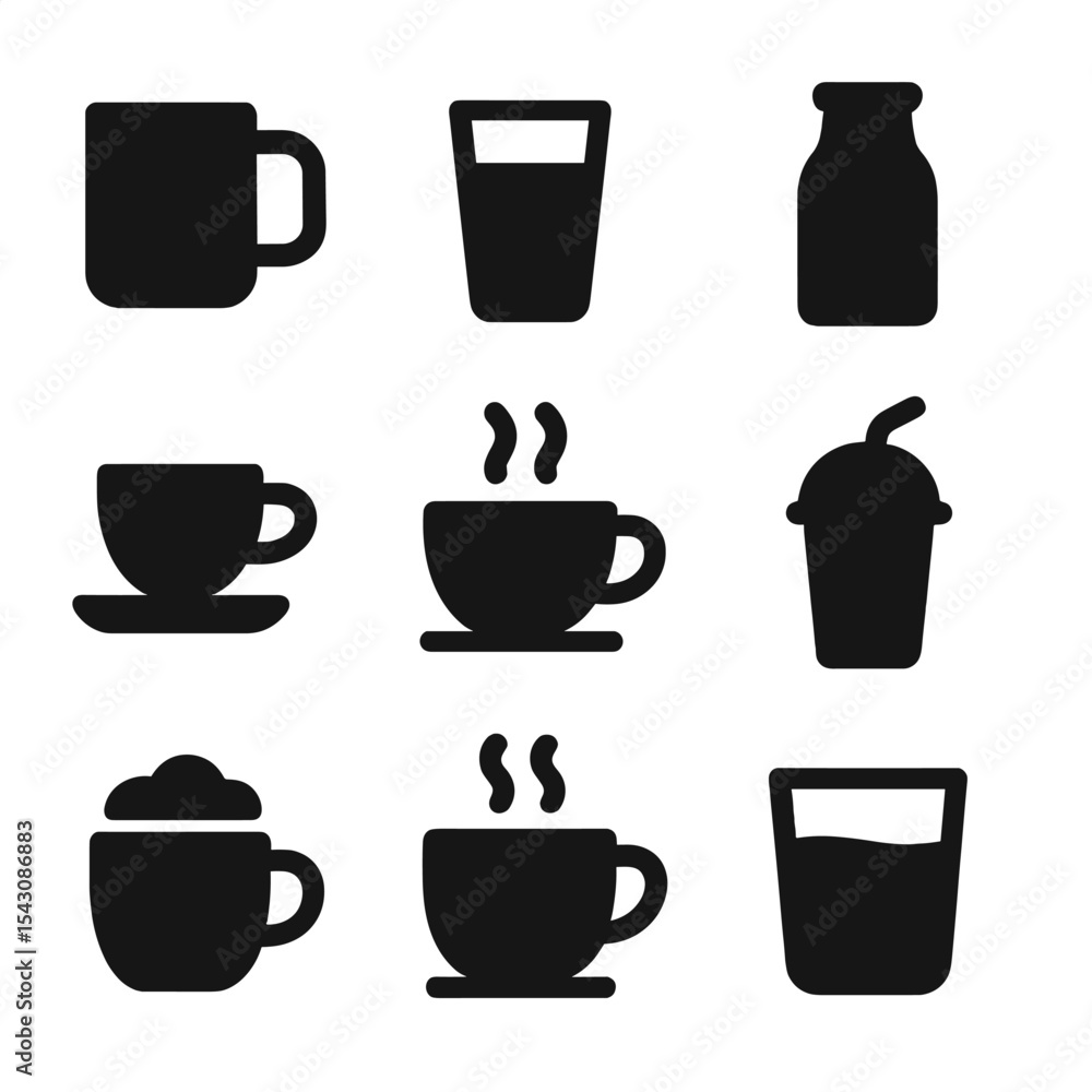 Breakfast Beverage Icons. Solid vector icons of beverage options at breakfast: coffee mug icon, orange juice glass, milk bottle, Breakfast Beverage Icons. Solid vector icons of beverage options at breakfast: coffee mug icon, orange juice glass, milk bottle,