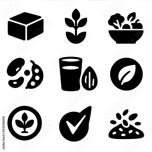 Plant-Based Diet Icons. Solid vector icons of plant-based diet: tofu block icon, plant protein symbol, vegan bowl icon, legumes