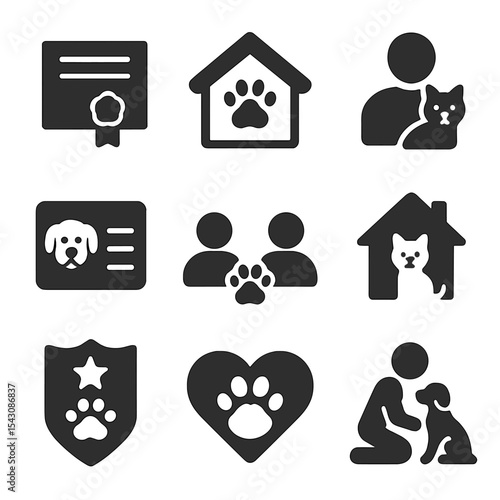 Pet Adoption Icons. Solid vector icons of pet adoption and shelter: adoption certificate, shelter building icon, rescued pet icon,