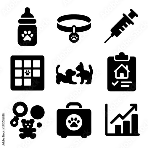 Pet Care Basics. Solid vector icons of puppy and kitten care: baby bottle with paw, small collar icon, vaccination icon, potty
