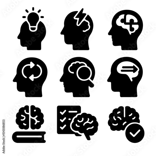 Mental Performance Icons. Solid vector icons of mental performance: high IQ icon, creative brain spark, puzzle piece in head,