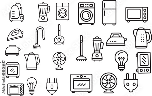 Twenty Four Minimalist Black Line Icons Depicting Household Appliances and Electrical Items vector