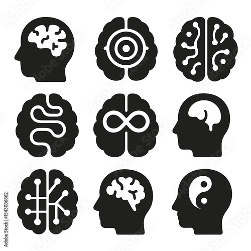 Neurodiversity Icons. Solid vector icons of neurodiversity and brain types: autistic brain icon, ADHD focus pattern, dyslexia