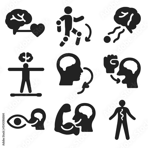 Brain-Body Connection Icons. Solid vector icons of brain-body connection: brain and heart line, movement coordination icon,