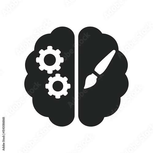 Left-Right Brain Synergy. Solid vector icons of left vs right brain: left brain with gears, right brain with paintbrush, dual
