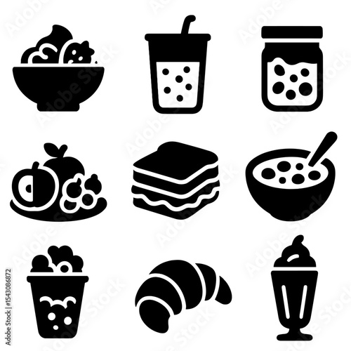 Cold Breakfast Icons. Solid vector icons of cold breakfast foods: yogurt and fruit bowl, chilled smoothie, overnight oats jar,