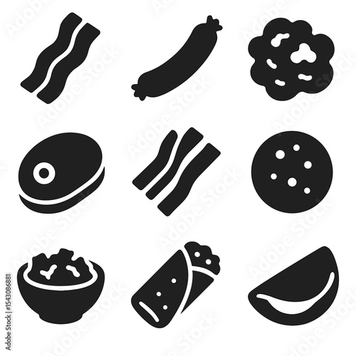 Protein Breakfast Icons. Solid vector icons of protein-rich breakfast foods: bacon strip, sausage link, scrambled eggs, ham slice,