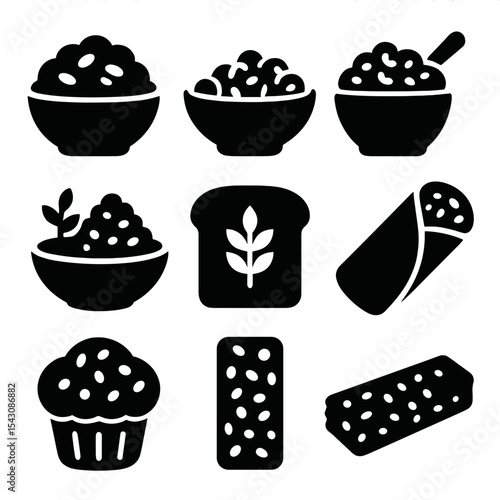 Grain-Based Breakfast Icons. Solid vector icons of grain-based breakfast: oatmeal icon, cornflakes bowl, bran cereal, muesli