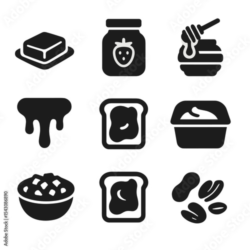 Breakfast Spread Icons. Solid style icons of breakfast spreads and toppings: butter pat icon, jam jar silhouette, honey icon,