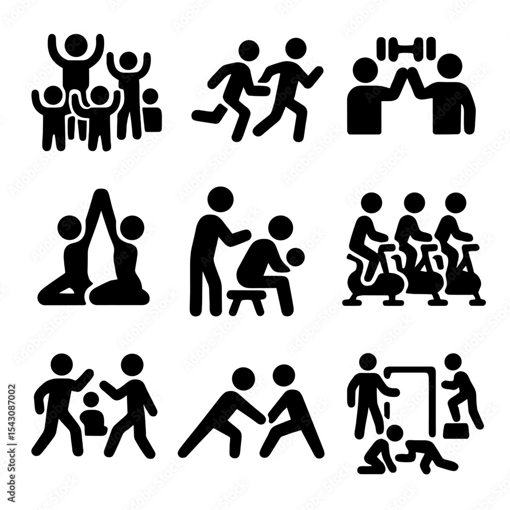 Group Workout Icons. Solid vector icons of group and partner workouts: fitness class icon, group run, high-five in gym, buddy yoga Group Workout Icons. Solid vector icons of group and partner workouts: fitness class icon, group run, high-five in gym, buddy yoga
