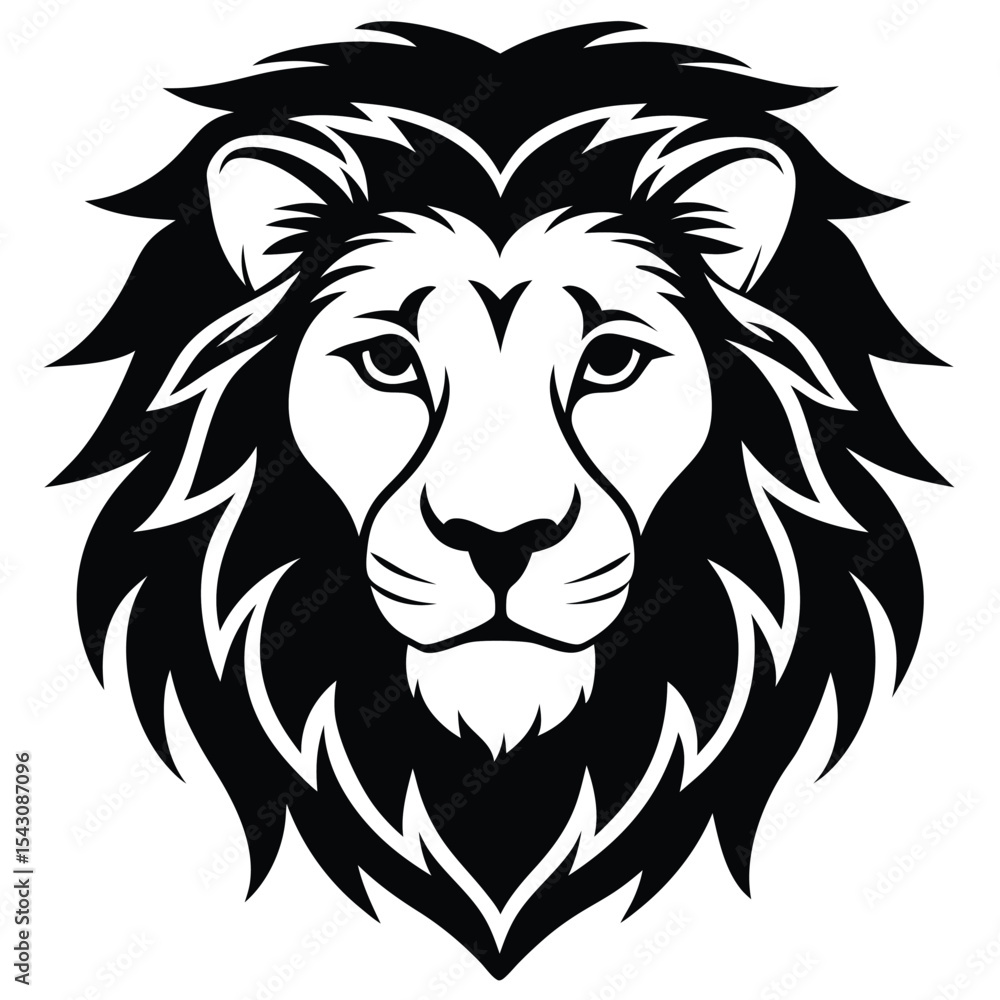 Fototapeta premium Stylized lion head with a symmetrical mane shows its face in detailed monochrome format