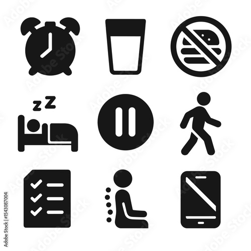 Healthy Habit Icons. Solid vector icons of daily healthy habits: early wakeup alarm, drink water reminder, no junk food icon,
