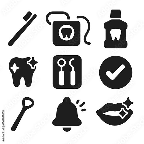 Oral Hygiene Icons. Solid vector icons of oral hygiene: toothbrush icon, floss symbol, mouthwash bottle, clean teeth badge, dental