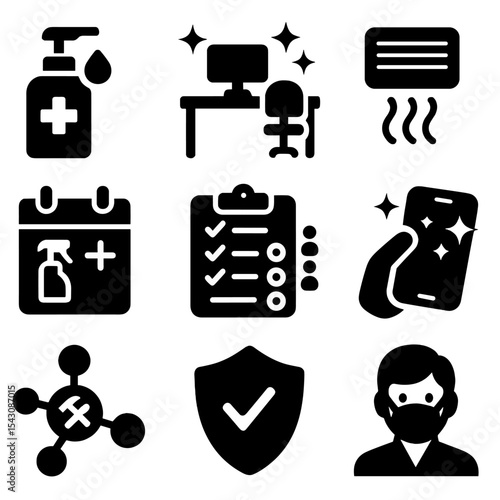 Workplace Hygiene Icons. Solid vector icons of workplace sanitation: office sanitizer, clean desk icon, air purifier symbol,