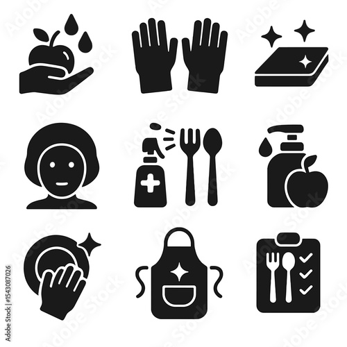 Hygiene Vector Icons. Solid vector icons of hygiene in food handling: washing fruits icon, gloves while cooking, clean kitchen