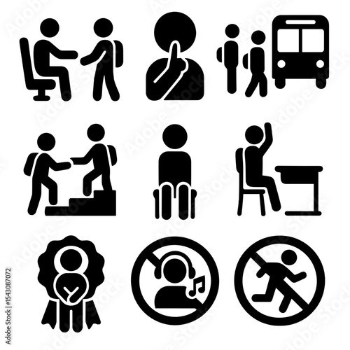 Student Bus Etiquette Icons. Solid vector icons of student behavior and etiquette: child giving seat, quiet bus ride icon, line up