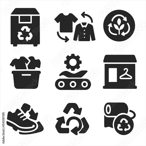 Clothing Recycling Icons. Solid style icons of clothing and textile recycling: donation bin, clothing swap icon, fiber reuse badge