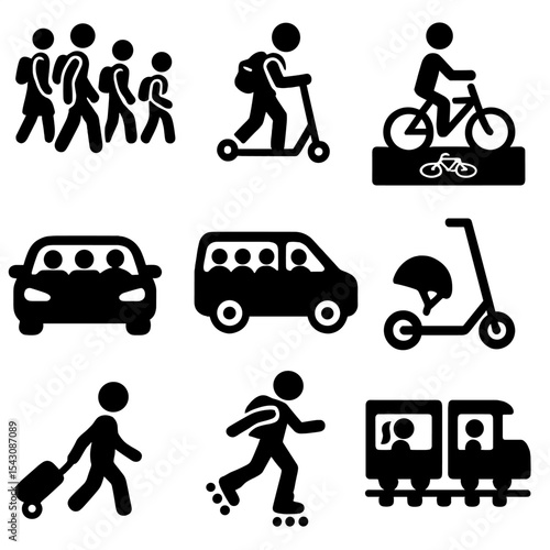 Alternative School Transport Icons. Solid vector icons of alternative school transport methods: walking school bus, scooter with
