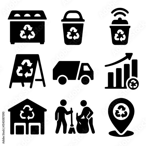 Urban Recycling Icons. Solid style icons of urban and municipal systems: public recycling station, street waste bin, smart waste