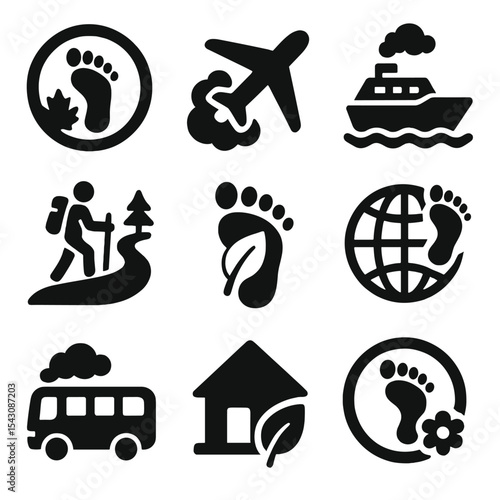 Eco-Friendly Travel Icons. Solid vector icons of travel and tourism footprint: eco-tourism badge, air travel emissions, cruise