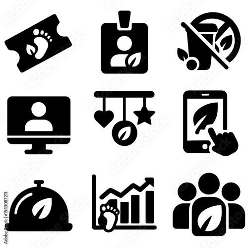 Eco-Friendly Event Icons. Solid vector icons of carbon footprint in events: carbon offset ticket, green conference badge,