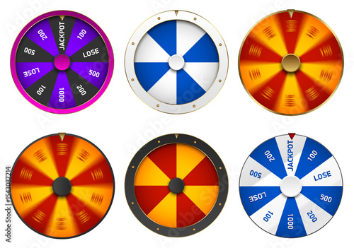 Fototapeta PNG collection of colorful casino spinning wheels with segments, jackpot areas, and motion effect isolated on transparent background