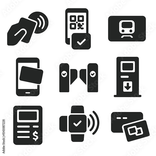 Contactless Fare Icons. Solid vector icons of contactless fare systems: NFC card tap, QR ticket scan, transit pass card, mobile