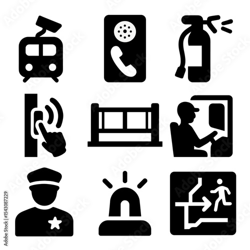 Urban Transport Safety Icons. Solid vector icons of urban transport safety: CCTV on train, emergency intercom, fire extinguisher