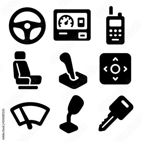 Bus Driver Tools. Solid vector icons of bus driver tools and controls: steering wheel, dashboard display, fare collection unit,