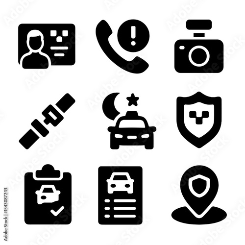 Taxi Safety Icons. Solid vector icons of taxi safety and regulation: driver verification icon, emergency call button, onboard