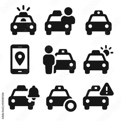 Taxi Availability Icons. Solid vector icons of taxi availability indicators: available light on, taxi off-duty, busy meter, app