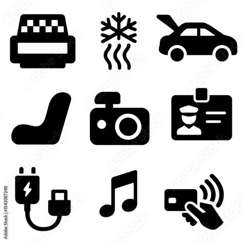 Taxi Service Icons. Solid vector icons of taxi services and features: taxi meter, air conditioning icon, luggage in trunk, child