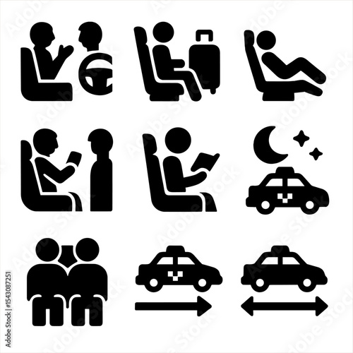 In-Taxi Experience Icons. Solid vector icons of in-taxi experience: talking to driver, riding with luggage, relaxing in backseat,