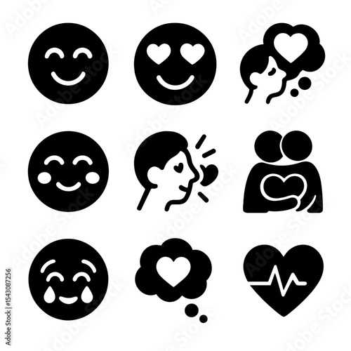 Emotional Love Icons. Solid vector icons of emotional love states: in love face, heart eyes emoji, daydream heart, blushing face,