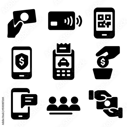 Taxi Payment Icons. Solid vector icons of payment methods in taxis: cash payment, contactless card, QR payment, mobile wallet,