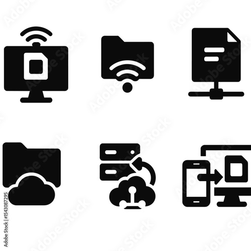 Remote File Management Icons. Solid vector icons of remote file management: remote desktop file, remote folder, FTP file icon,