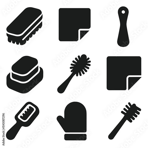 Shoe Care Tools. Solid vector icons of basic shoe care tools: shoe brush, polishing cloth, shoehorn, sponge applicator, buffing