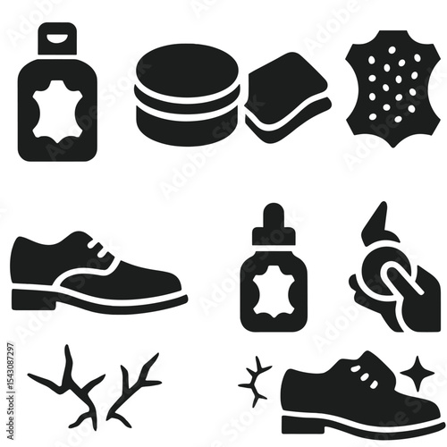 Leather Shoe Care Icons. Solid vector icons of leather shoe care: leather conditioner, leather balm, soft cloth icon, grain