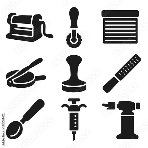 Specialty Kitchen Tools. Solid style icons of specialty tools: pasta maker, ravioli cutter, sushi mat, tortilla press, tamper,