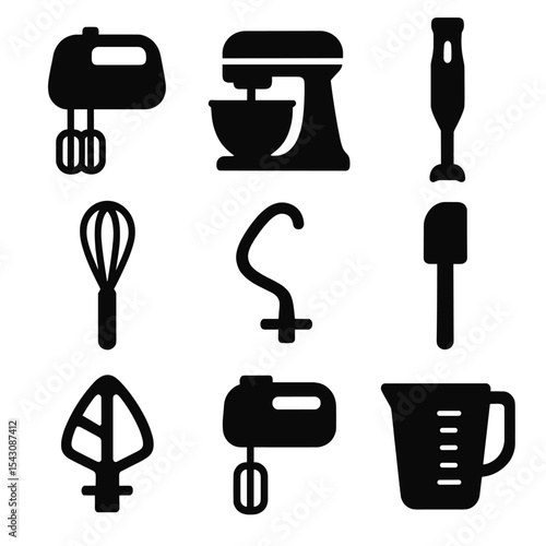 Mixing Tool Icons. Solid style icons of mixing and blending tools: hand mixer, stand mixer, immersion blender, balloon whisk,