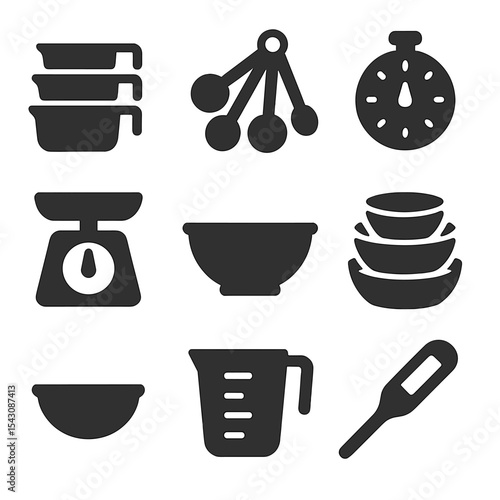Kitchen Prep Icons. Solid style icons of measuring and prep tools: measuring cups, measuring spoons, kitchen scale, timer, mixing