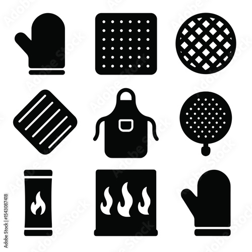 Heat-Resistant Kitchen Icons. Solid style icons of heat-resistant and protective items: oven mitt, silicone mat, trivet, pot grip